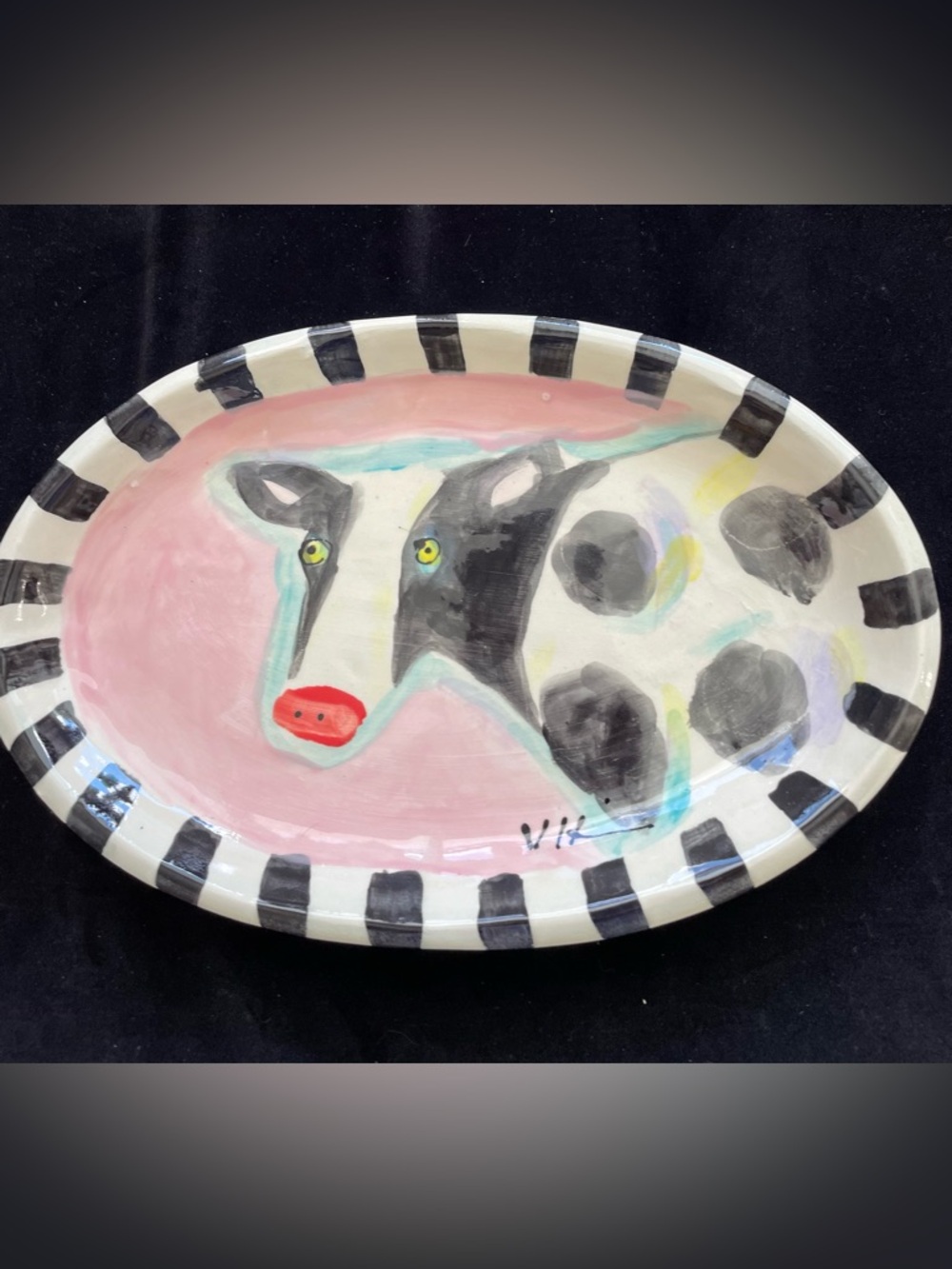 Handmade Ceramic Serving Tray” Cow On Pink 11”x7.5”Original Design